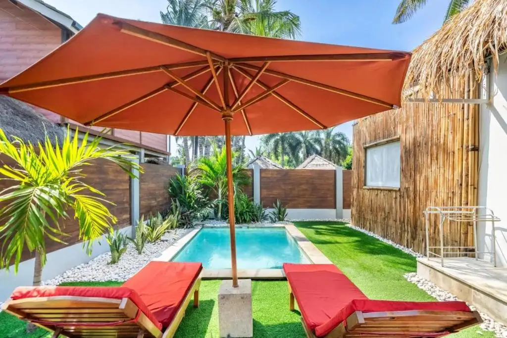 Pool and garden with palms